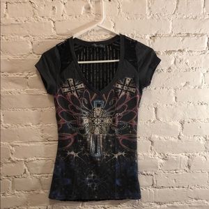 Black Bling & Lace Cross Top